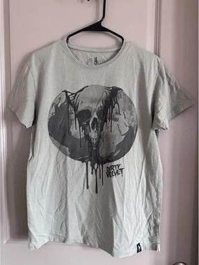 DIRTY VELVET Graphic T Shirt Mens Medium Slim Green Skull Globe Organic Cotton